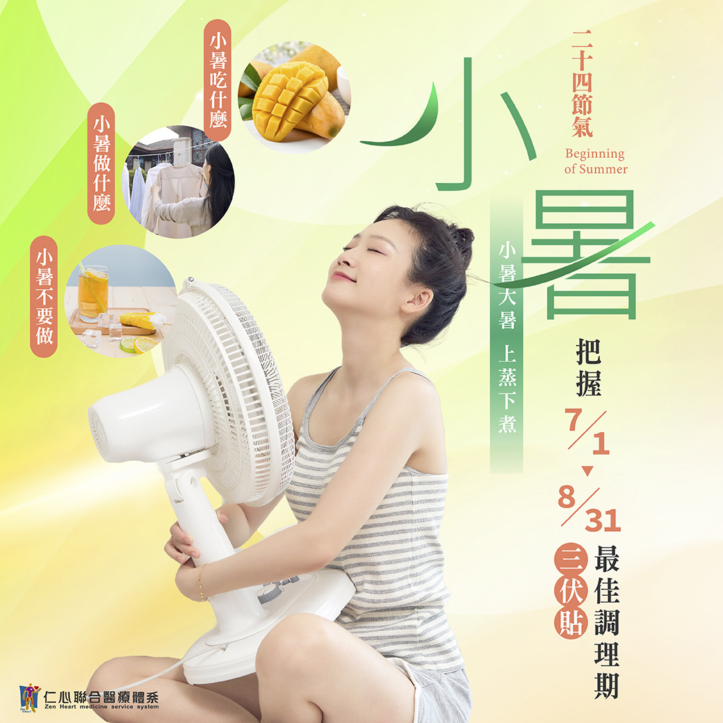 这张图片介绍小暑节气的养生重点,建议多吃芒果等清凉食物、注意调节体温,并把握7月1日至8月31日的「三伏贴」最佳调理期,提醒适量运动但避免过度冷饮,帮助身体顺应暑热天气、上蒸下煮的特点,达到养生效果。