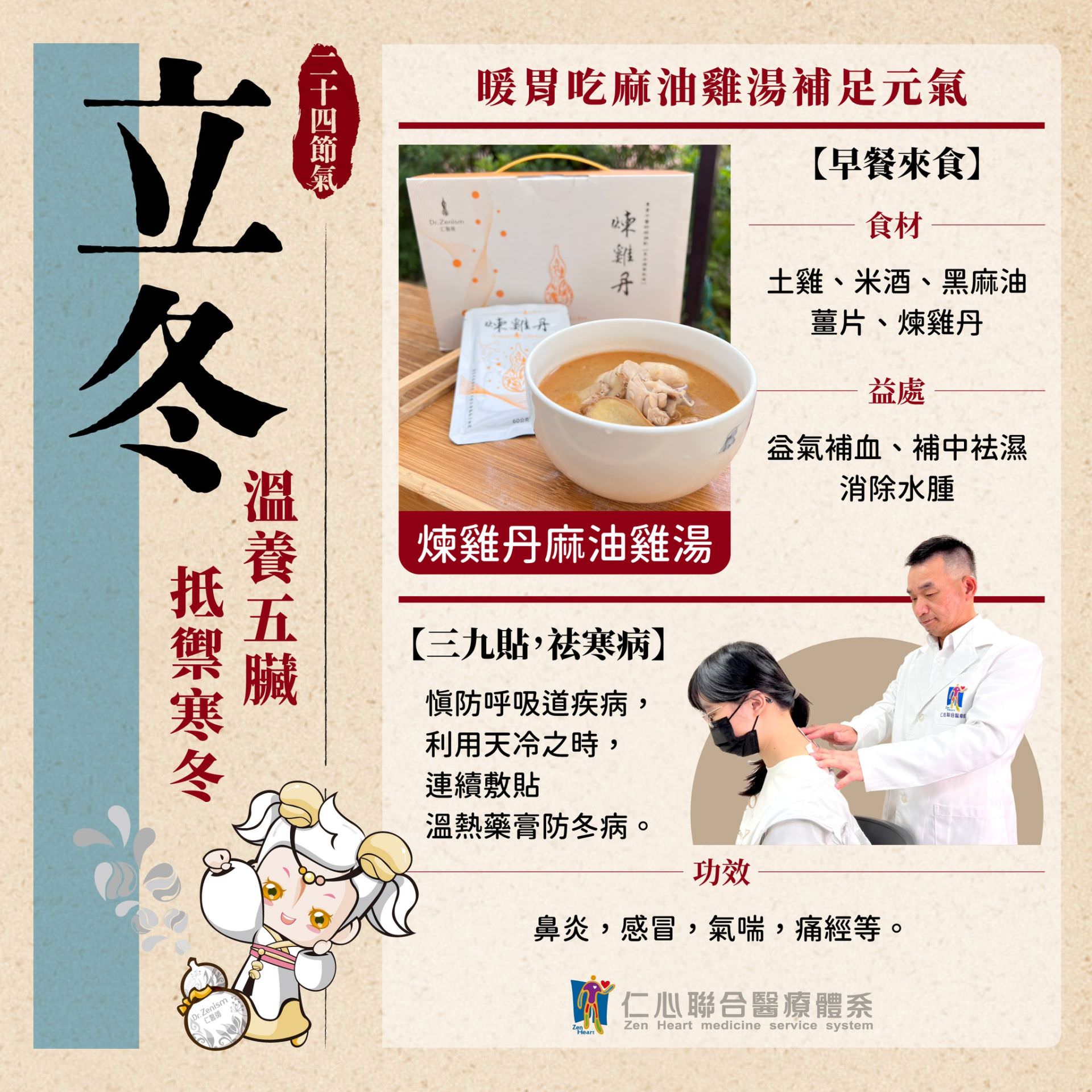 这张图片介绍立冬节气的养生重点,推荐早晨食用炖鸡丹麻油鸡汤(含土鸡、米酒、黑麻油等)来温养五脏、补中祛湿、消除水肿,并建议透过三九贴疗法在天冷之时温热药敷以预防呼吸道疾病,达到改善鼻炎、气喘及痛经等健康问题,有助抵御寒冬。