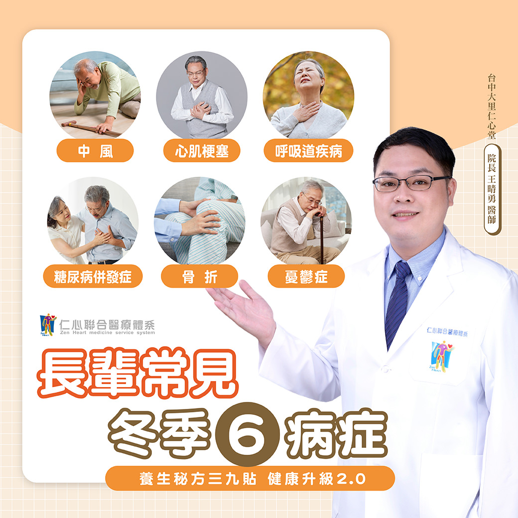 医生展示六种冬季常见疾病的图片,并推荐使用三九贴来增进健康,疾病包括中风、心肌梗塞、呼吸道疾病等。