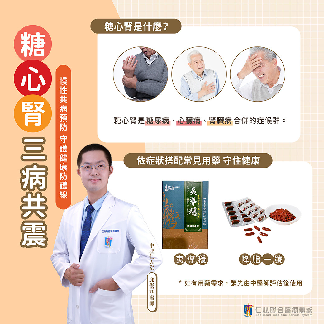 中医师说明「糖心肾」三病共震症候群，即糖尿病、心脏病、肾脏病三者合并，透过常见症状与依症状搭配中药「夷导稳」与「降脂二号」，达到预防与守护慢性共病健康的效果，提醒民众需依医师指示使用。